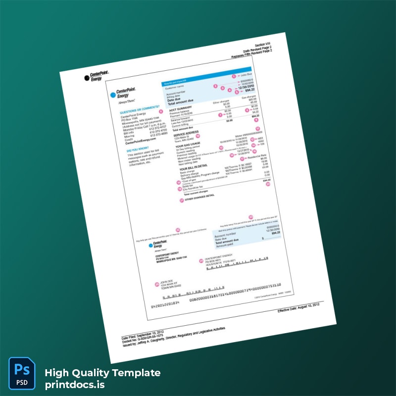 United States CenterPoint Energy Editable Utility Bill Template in Word and PDF formats