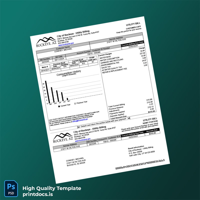 United States City Of Buckeye - Utility Billing Editable Utility Bill Template in Word and PDF formats