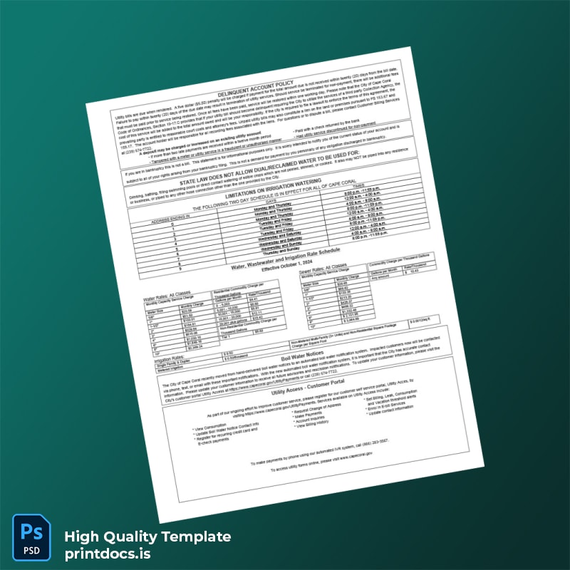 United States City Of Cape Coral Editable Utility Bill Template in Word and PDF formats page 2