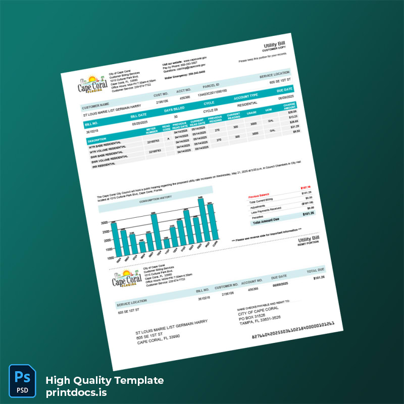 United States City Of Cape Coral Editable Utility Bill Template in Word and PDF formats