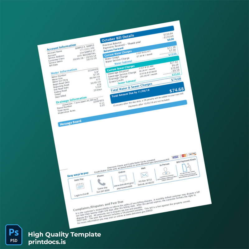 United States City Of Detroit Water And Sewerage Department Editable Water Bill Template in Word and PDF formats page 2