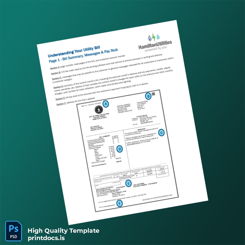 United States City Of Hamilton Utilities Editable Utility Bill Template in Word and PDF formats