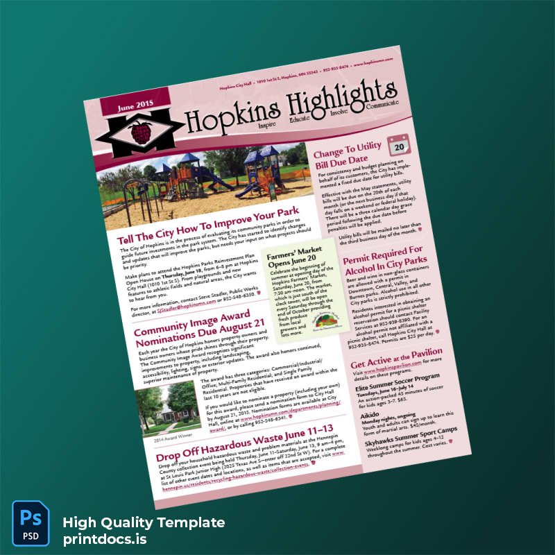 United States City Of Hopkins Editable Community Newsletter Template in Word and PDF formats