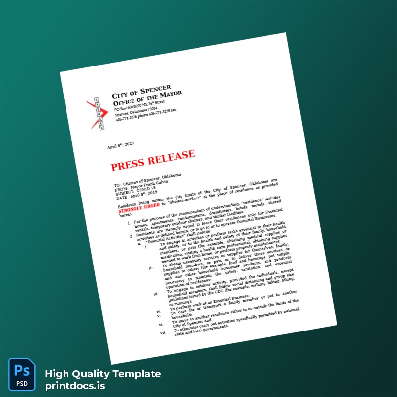 United States City Of Spencer Oklahoma Editable Press Release Template in Word and PDF formats