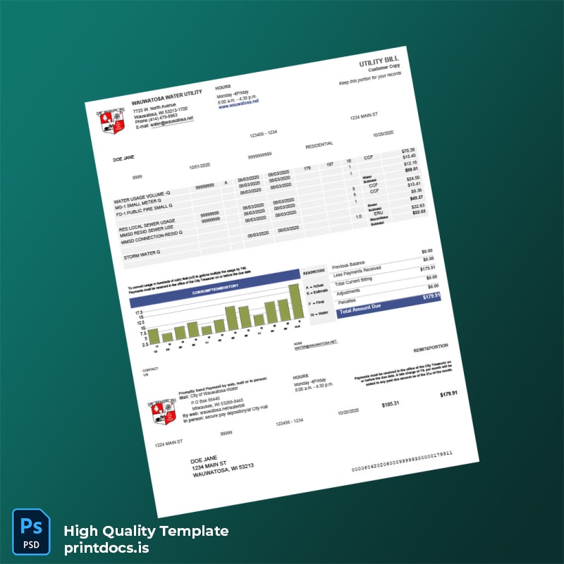 United States City Of Wauwatosa-Water Editable Water Bill Template in Word and PDF formats