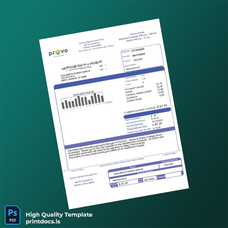 United States City Of West Jordan Editable Utility Bill Template in Word and PDF formats