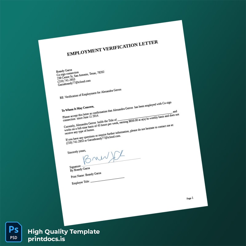 Printable United States Co-sign Connection Employment Verification Letter Template (Word & PDF) Image Preview - PrintDocs