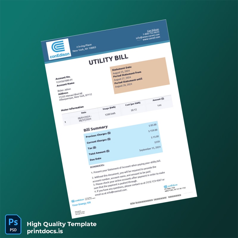 United States Con Edison Editable Utility Bill Template in Word and PDF formats