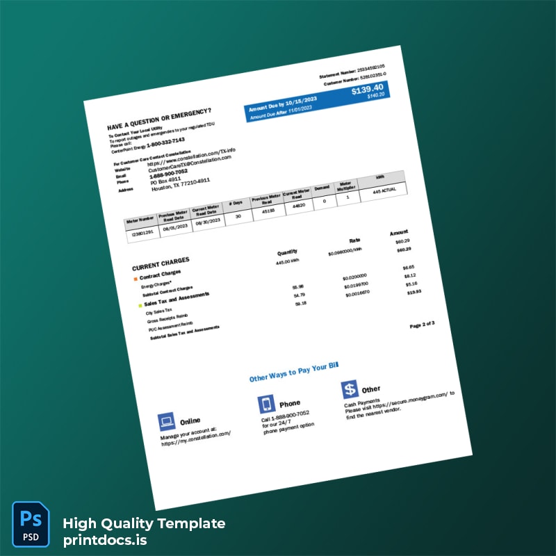 United States Constellation Energy Editable Utility Bill Template in Word and PDF formats page 2
