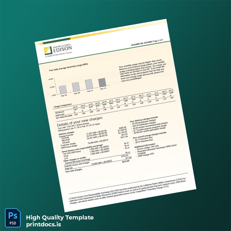 United States Corona CA Utility Company Editable Utility Bill Template in Word and PDF formats page 3