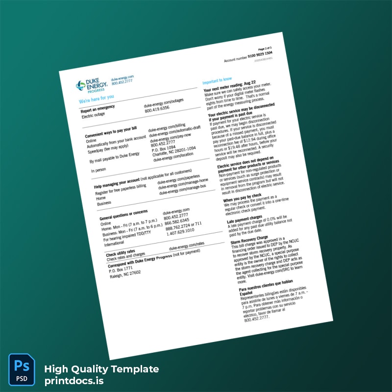 United States Duke Energy Editable Electricity Bill Template in Word and PDF formats page 2