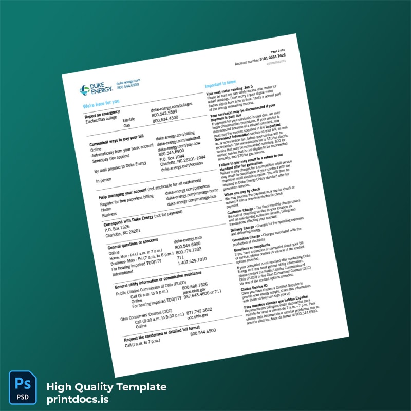United States Duke Energy Editable Utility Bill Template in Word and PDF formats page 2