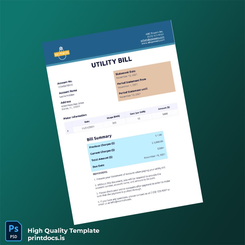 United States Editable Utility Bill Template in Word and PDF formats