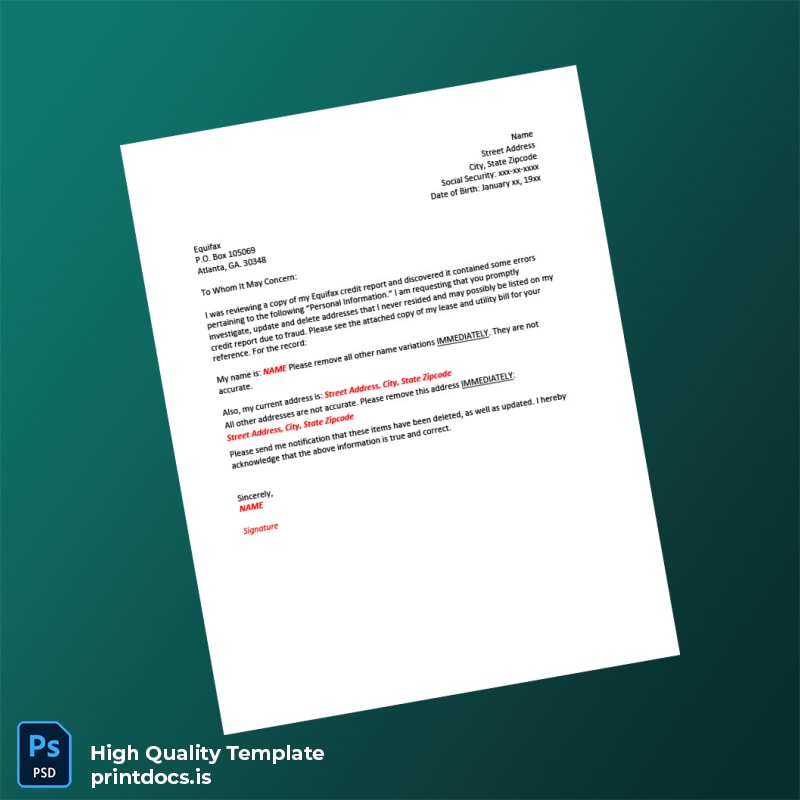 United States Equifax Editable Credit Report Dispute Letter Template in Word and PDF formats