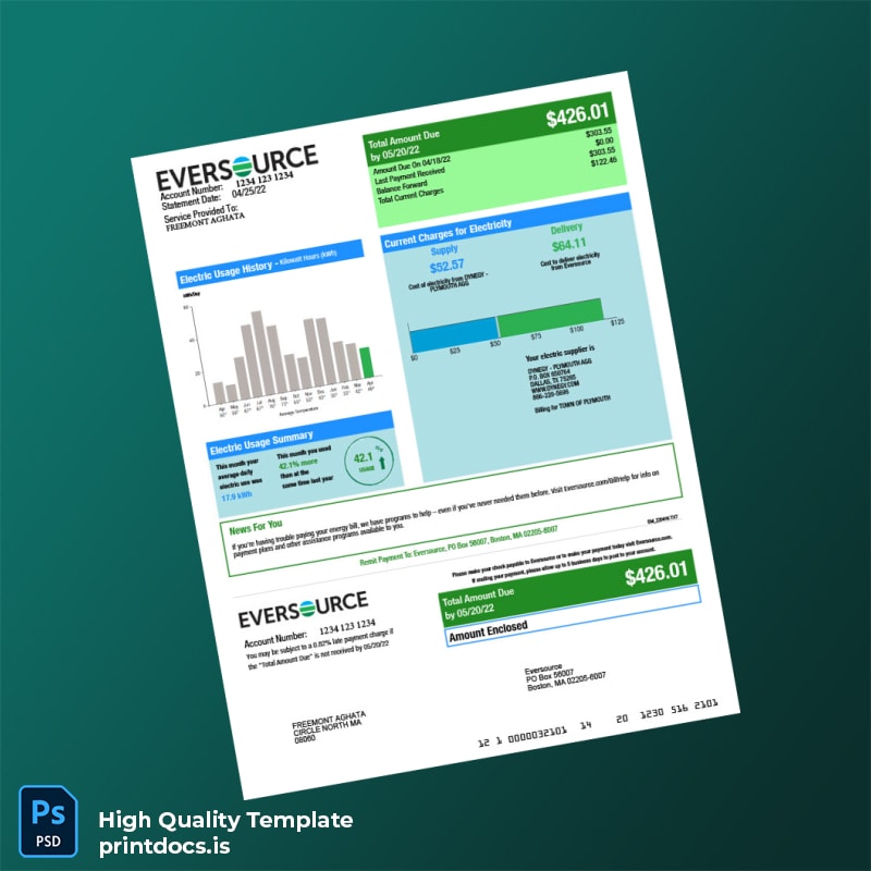 United States Eversource Editable Electricity Bill Template in Word and PDF formats