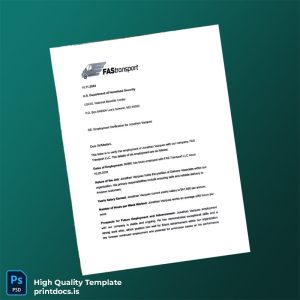 Printable United States FAS Transport Proof of Employment Letter Template (Word & PDF) Image Preview - PrintDocs