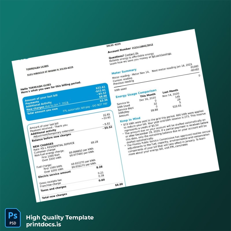 United States FPL Editable Utility Bill Template in Word and PDF formats
