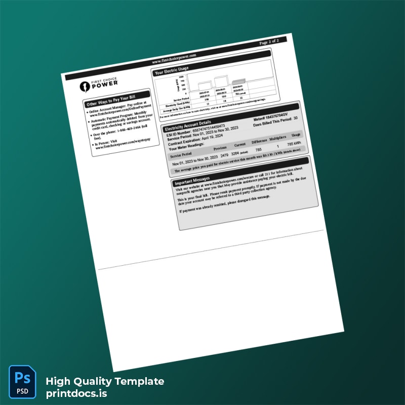 United States First Choice Power Editable Electricity Bill Template in Word and PDF formats page 2