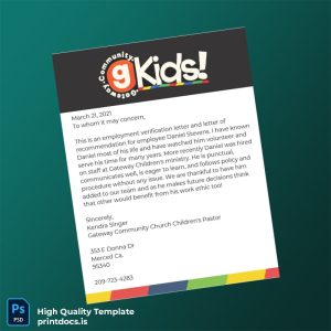 Printable United States Gateway Community Church Employment Verification Letter Template (Word & PDF) Image Preview - PrintDocs