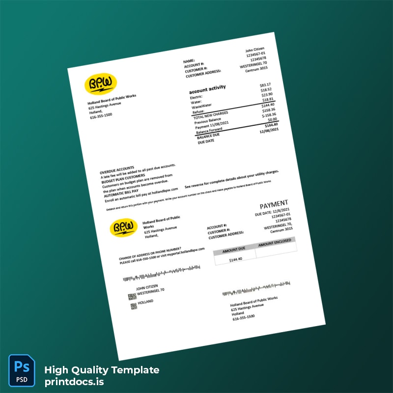 United States Holland Board Of Public Works Editable Utility Bill Template in Word and PDF formats