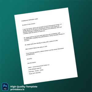 Printable United States Home Improvement Center LLC Employment Verification Letter Template (Word & PDF) Image Preview - PrintDocs