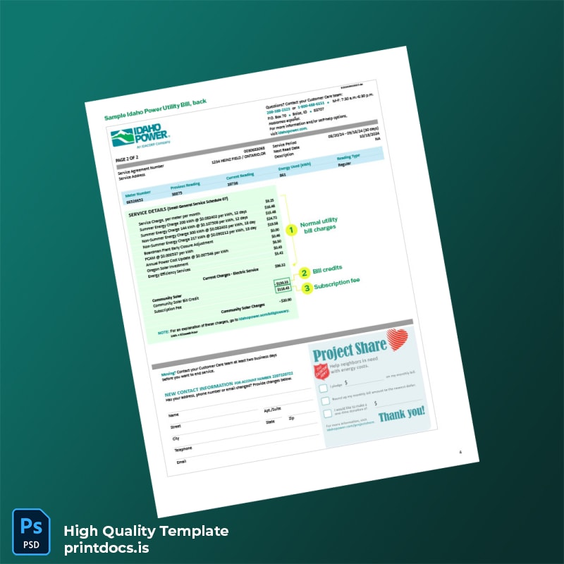 United States Idaho Power Editable Utility Bill Template in Word and PDF formats page 2