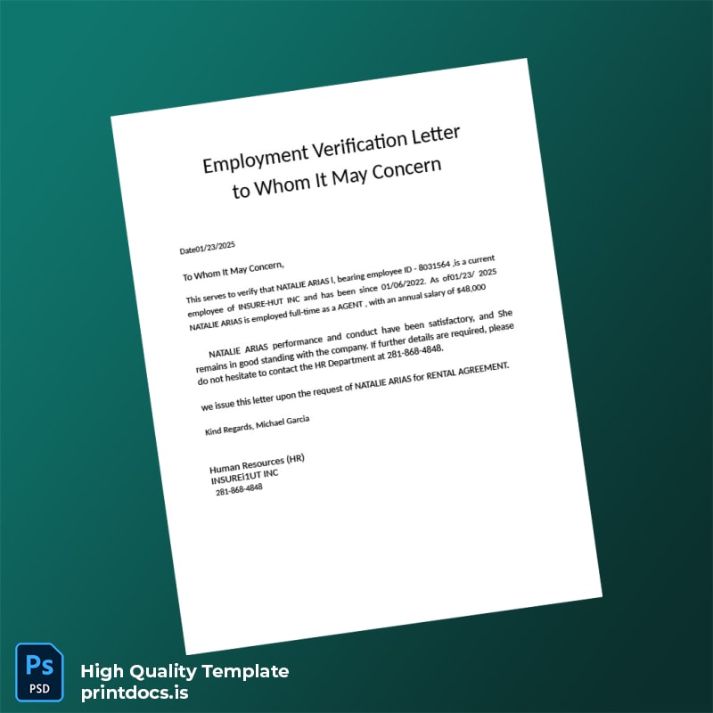 Printable United States Insure-Hut Inc Employment Verification Letter Template (Word & PDF) Image Preview - PrintDocs
