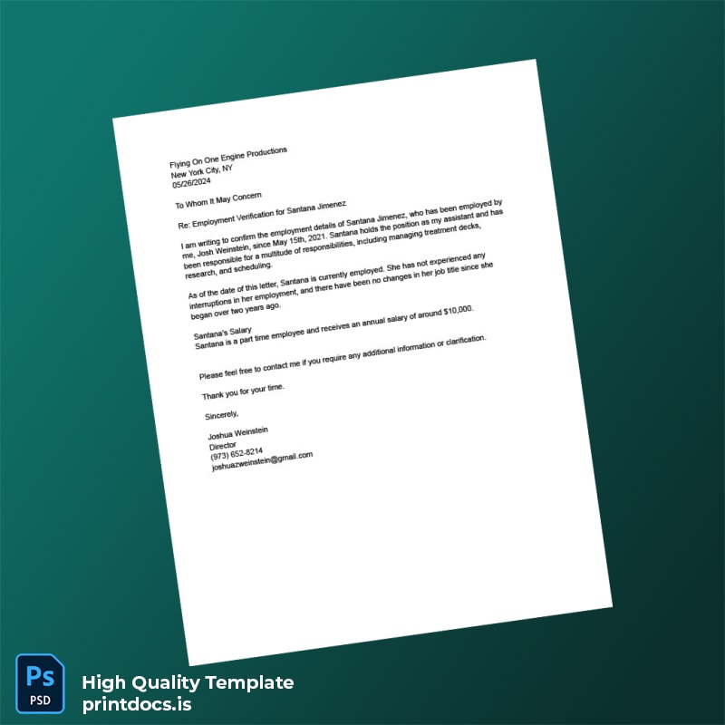 Printable United States Josh Weinstein Employment Verification Letter Template (Word & PDF) Image Preview - PrintDocs