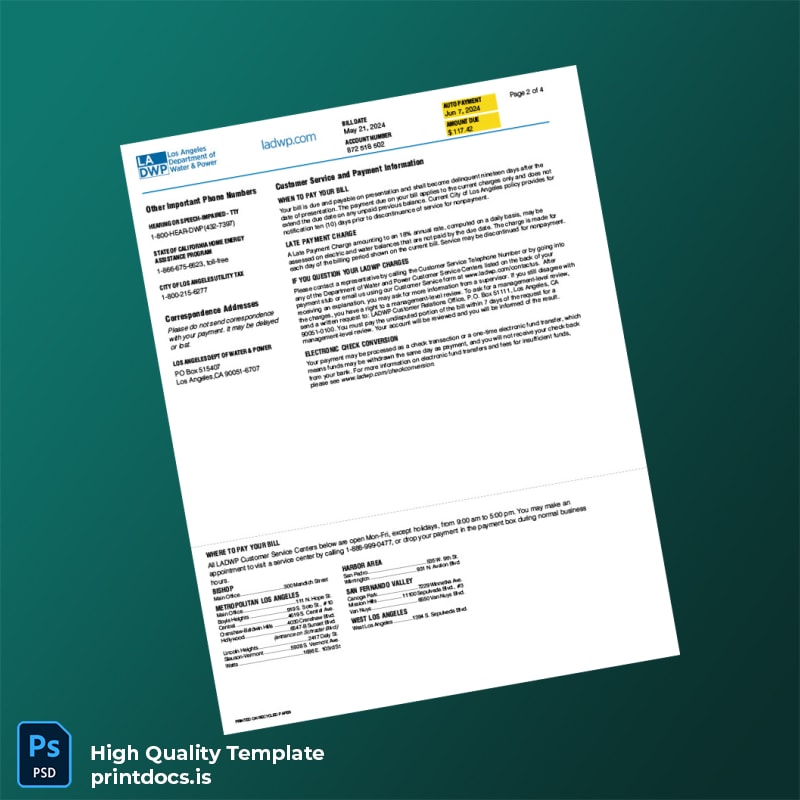 United States Los Angeles Department Of Water And Power Editable Utility Bill Template in Word and PDF formats page 2