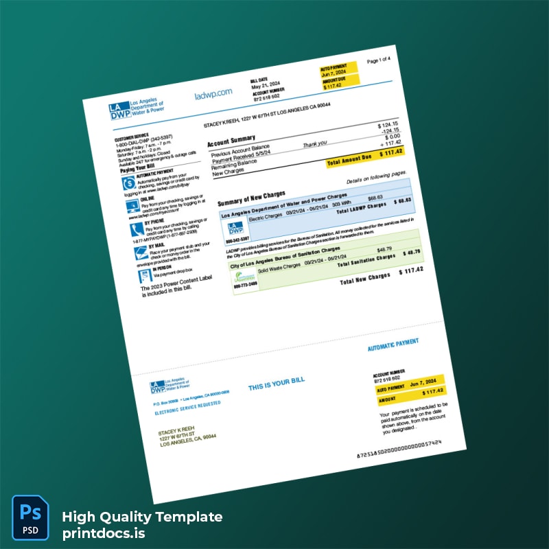 United States Los Angeles Department Of Water And Power Editable Utility Bill Template in Word and PDF formats