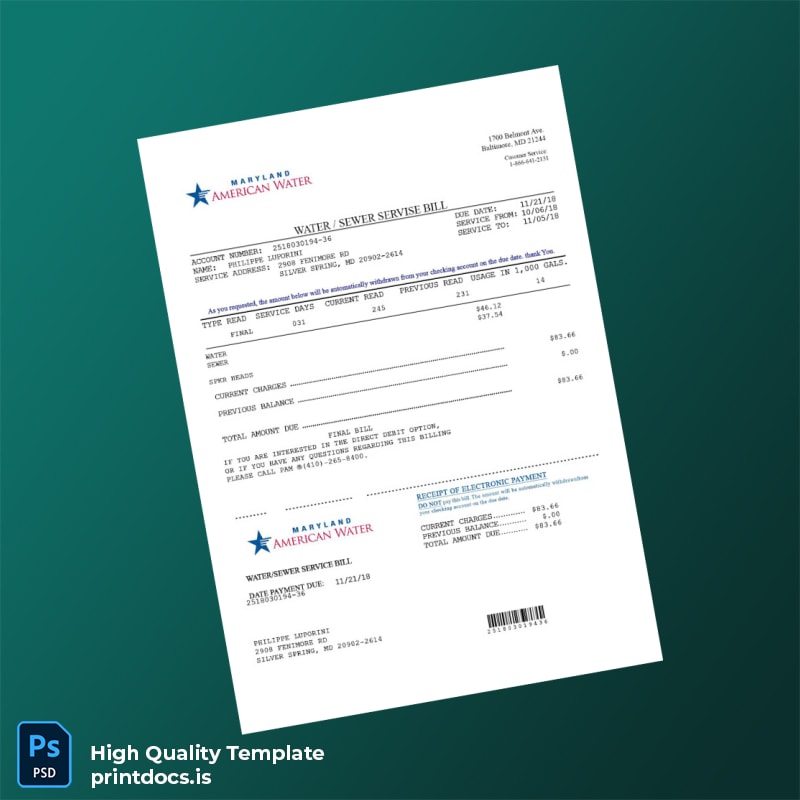 United States Maryland American Water Editable Water Bill Template in Word and PDF formats