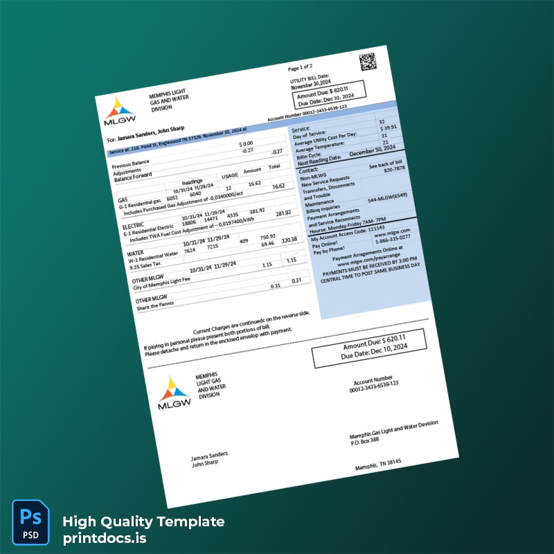 United States Memphis Light Gas And Water Division Editable Electricity Bill Template in Word and PDF formats