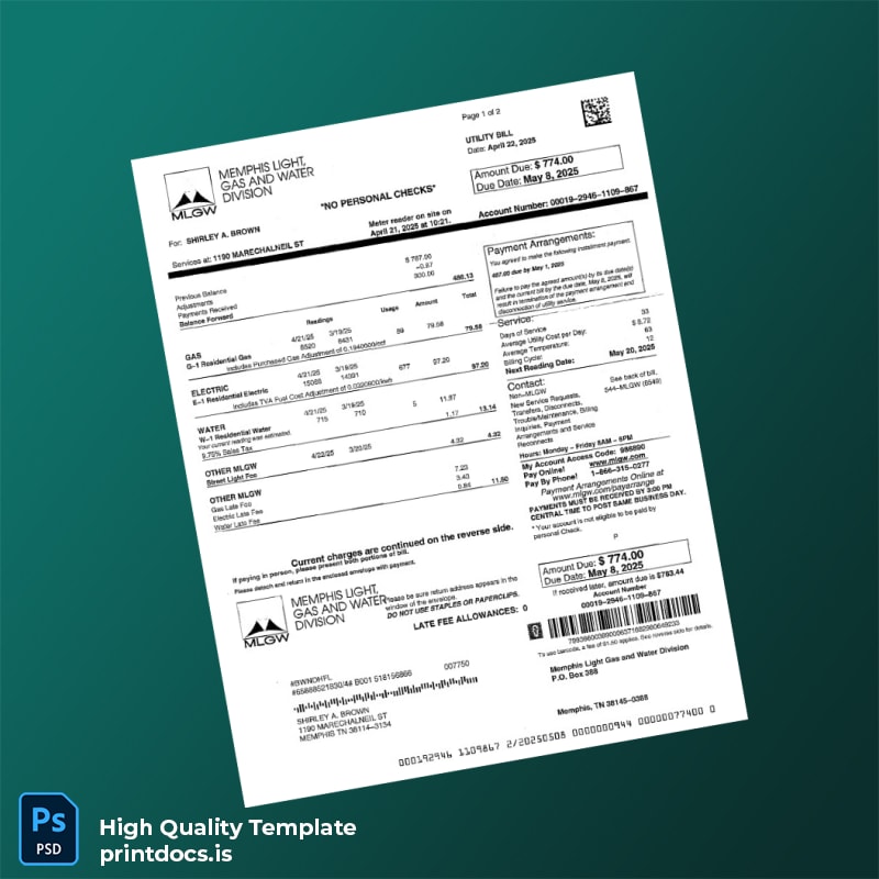 United States Memphis Light Gas And Water Division Editable Utility Bill Template in Word and PDF formats