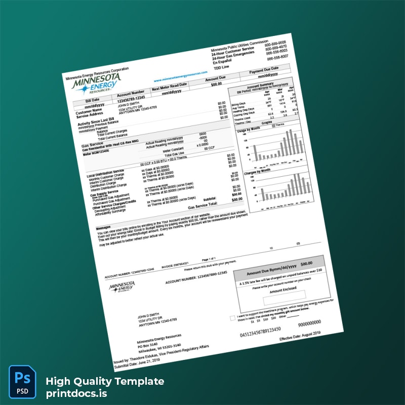 United States Minnesota Energy Resources Corporation Editable Utility Bill Template in Word and PDF formats