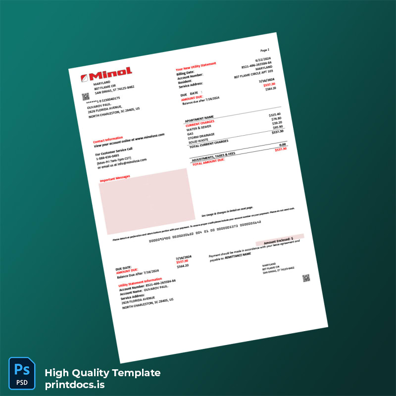 United States Minol USA Editable Utility Bill Template in Word and PDF formats