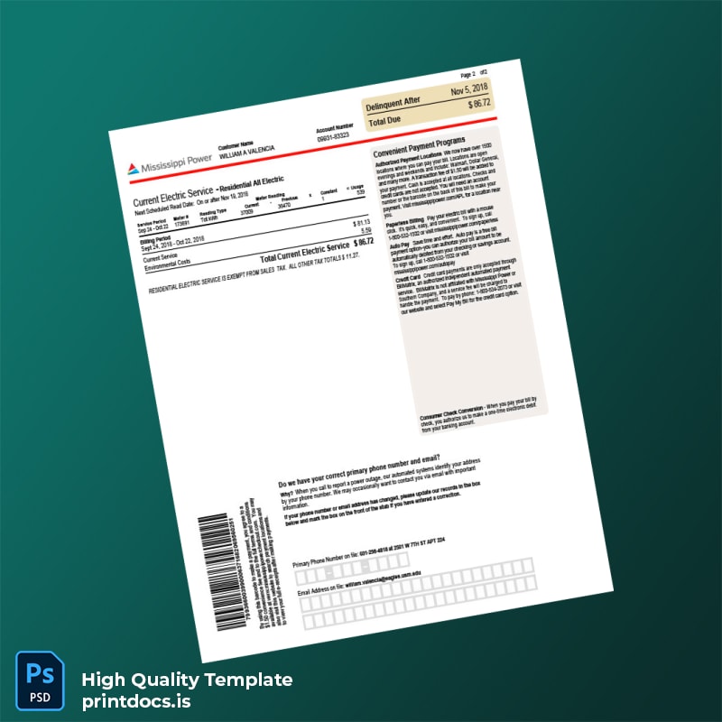 United States Mississippi Power Editable Electricity Bill Template in Word and PDF formats page 2