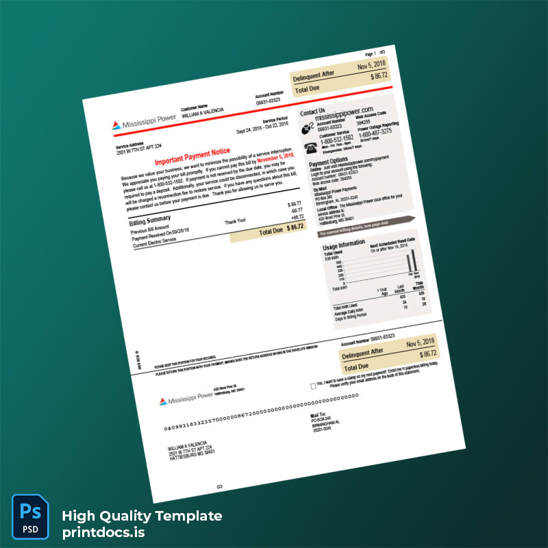 United States Mississippi Power Editable Electricity Bill Template in Word and PDF formats