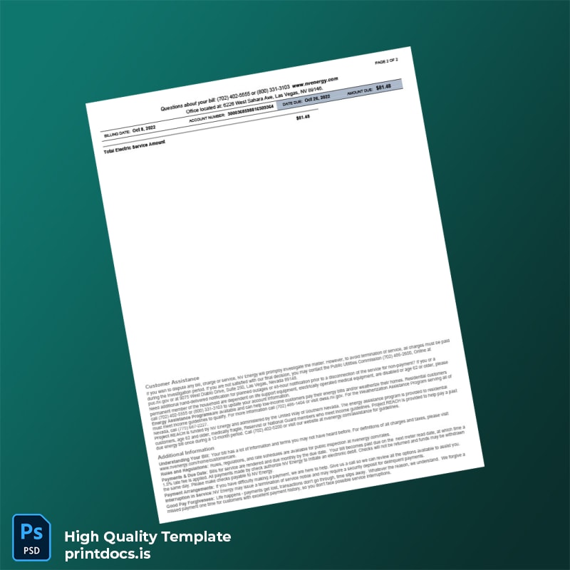 United States NV Energy Editable Electricity Bill Template in Word and PDF formats page 2