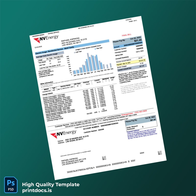 United States NV Energy Editable Electricity Bill Template in Word and PDF formats