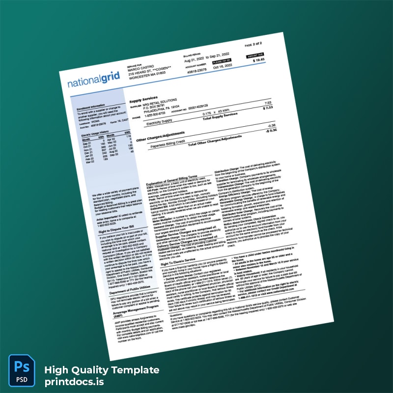 United States National Grid Editable Utility Bill Template in Word and PDF formats page 2