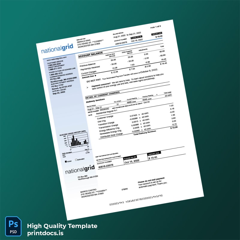 United States National Grid Editable Utility Bill Template in Word and PDF formats