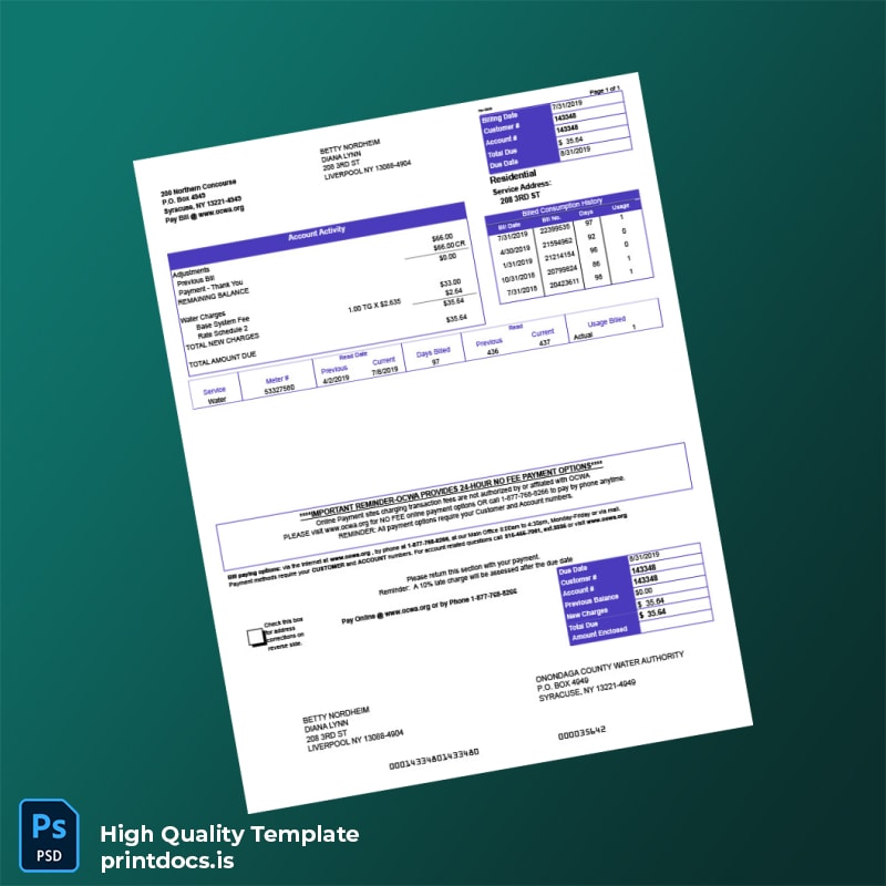 United States Onondaga County Water Authority Editable Water Bill Template in Word and PDF formats