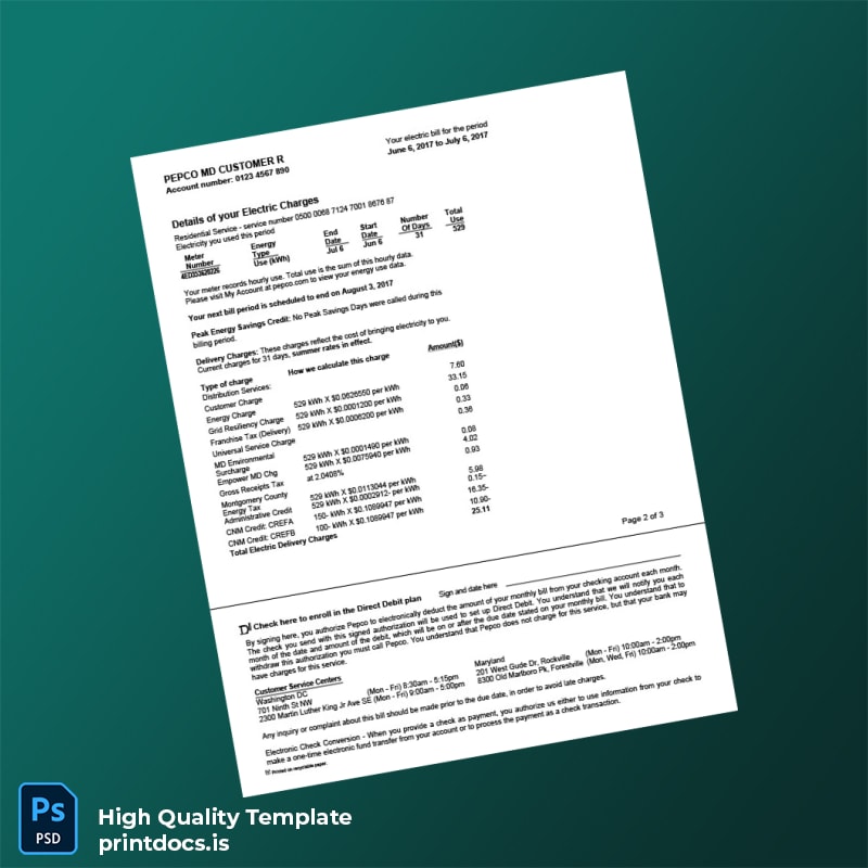 United States PEPCO Editable Electricity Bill Template in Word and PDF formats page 2