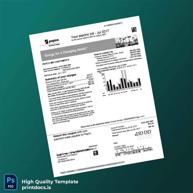 United States PEPCO Editable Electricity Bill Template in Word and PDF formats