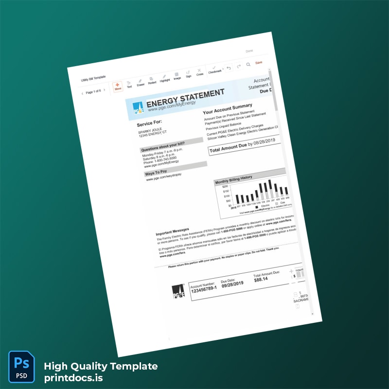 United States PG E Editable Utility Bill Template in Word and PDF formats