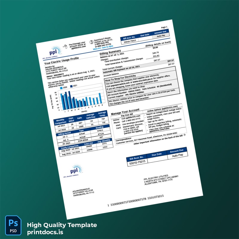 United States PPL Electric Utilities Editable Electricity Bill Template in Word and PDF formats