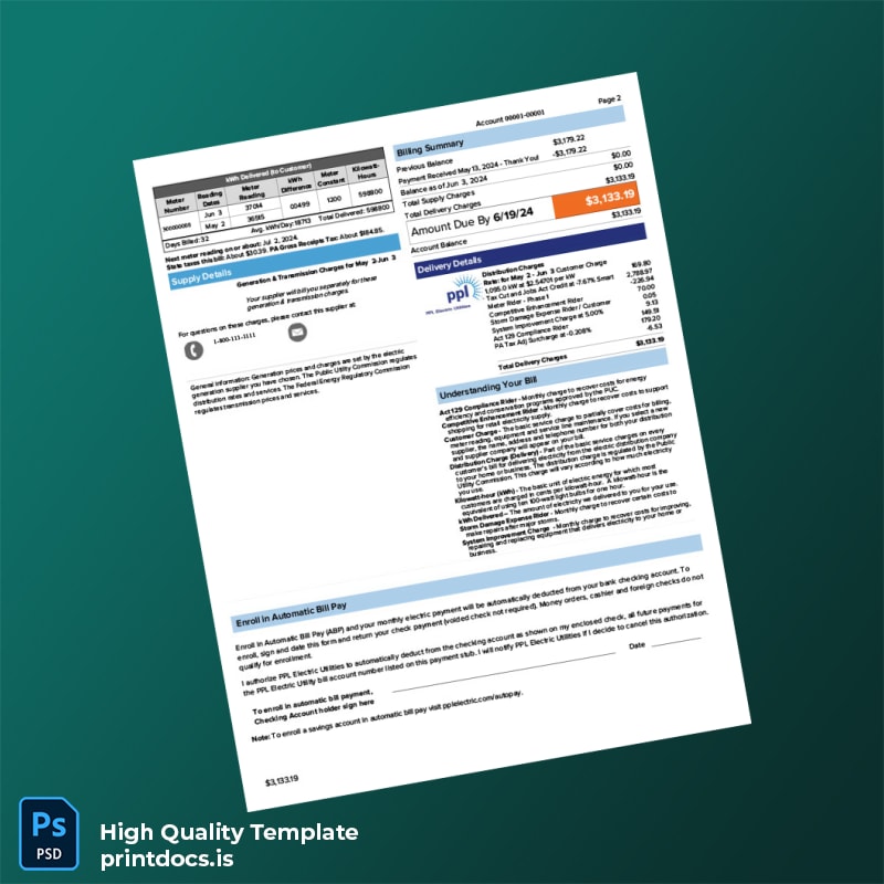 United States PPL Electric Utilities Editable Utility Bill Template in Word and PDF formats page 2