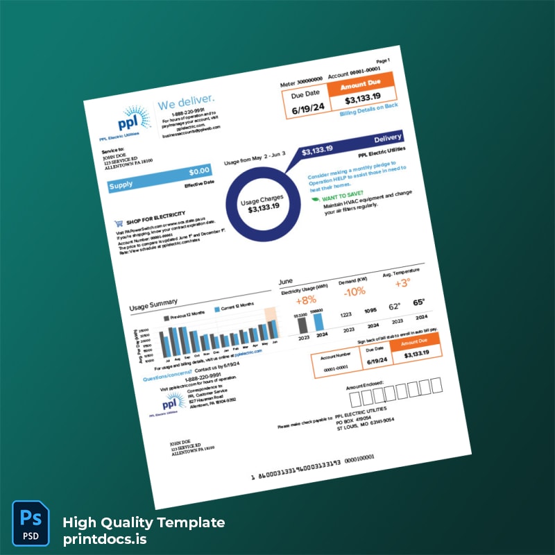 United States PPL Electric Utilities Editable Utility Bill Template in Word and PDF formats