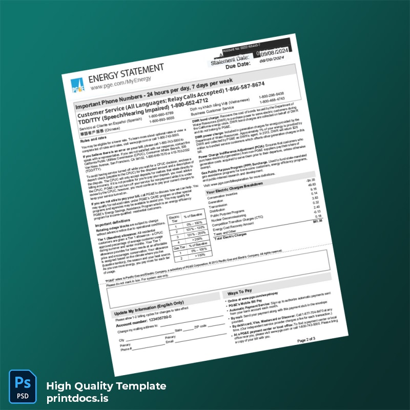 United States Pacific Gas And Electric Company Editable Bank Statement Template in Word and PDF formats page 2