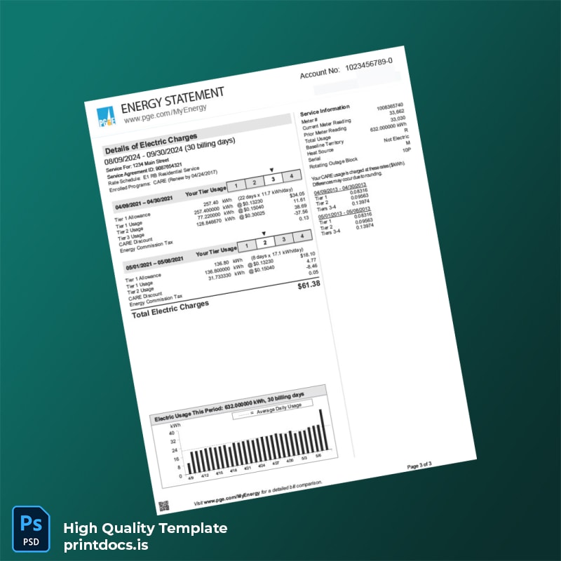 United States Pacific Gas And Electric Company Editable Bank Statement Template in Word and PDF formats page 3